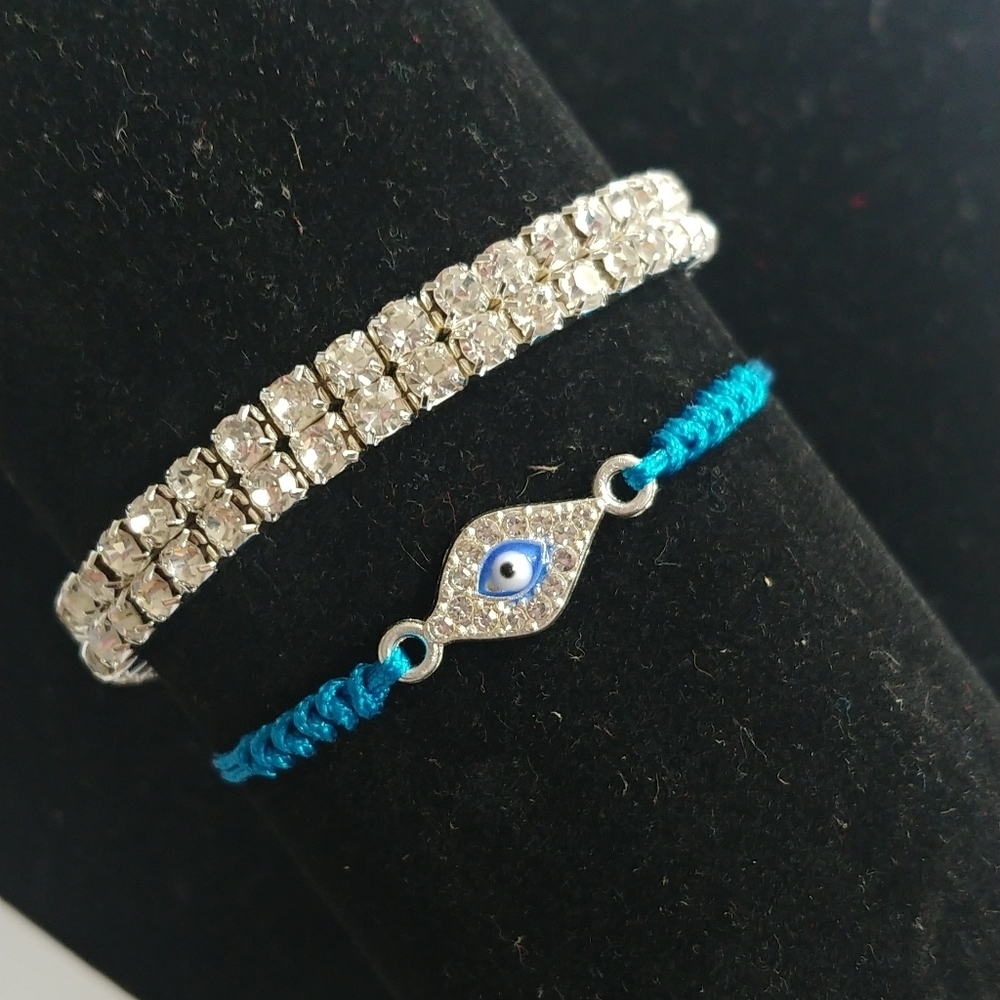 2 Bracelet Set Evil Eye & Crystal Stretch
